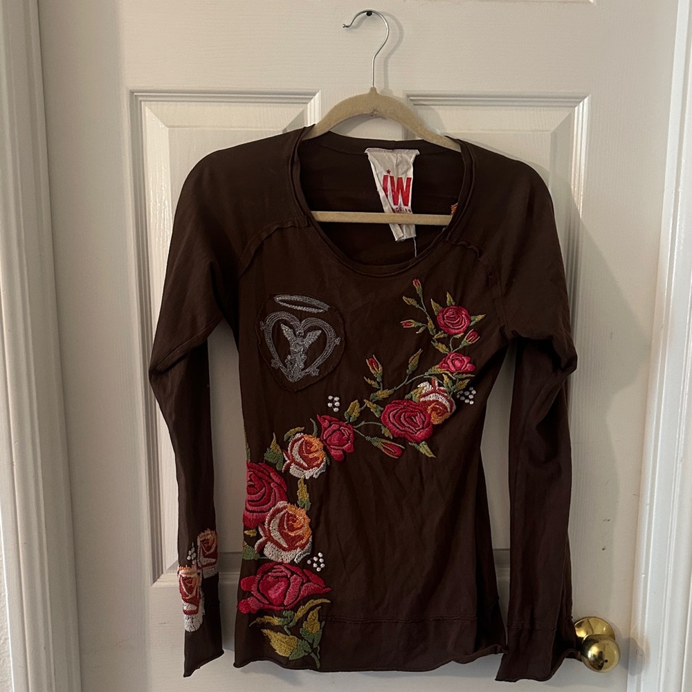 Johnny Was Women’s Brown Floral Embroidered Long Sleeve Top